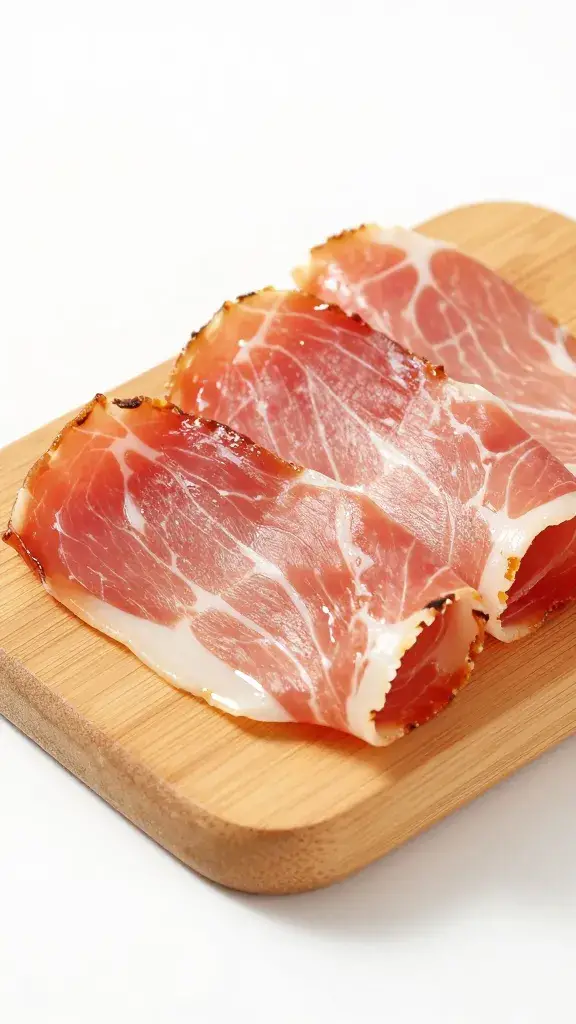 thin prosciutto ribbons folded on small wooden board