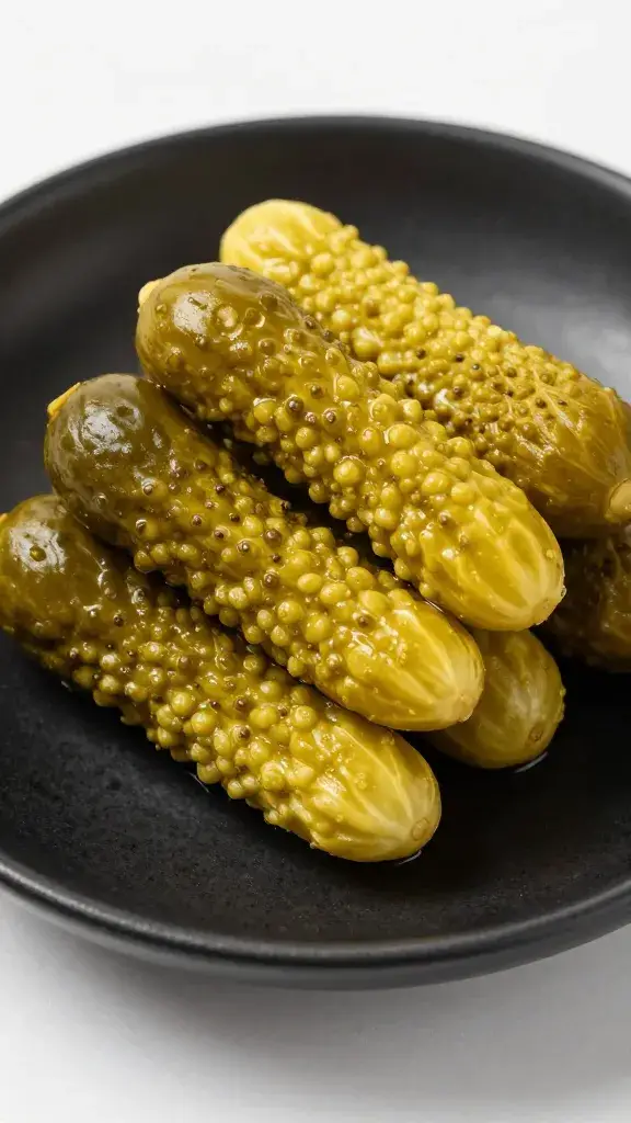 cornichon pickle pile on matte black dish