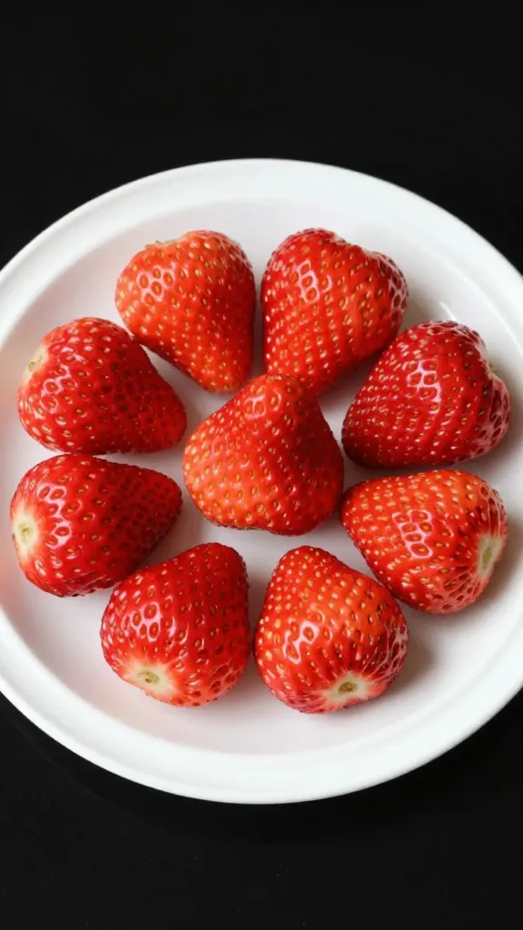 ruby strawberries halved on white ceramic plate