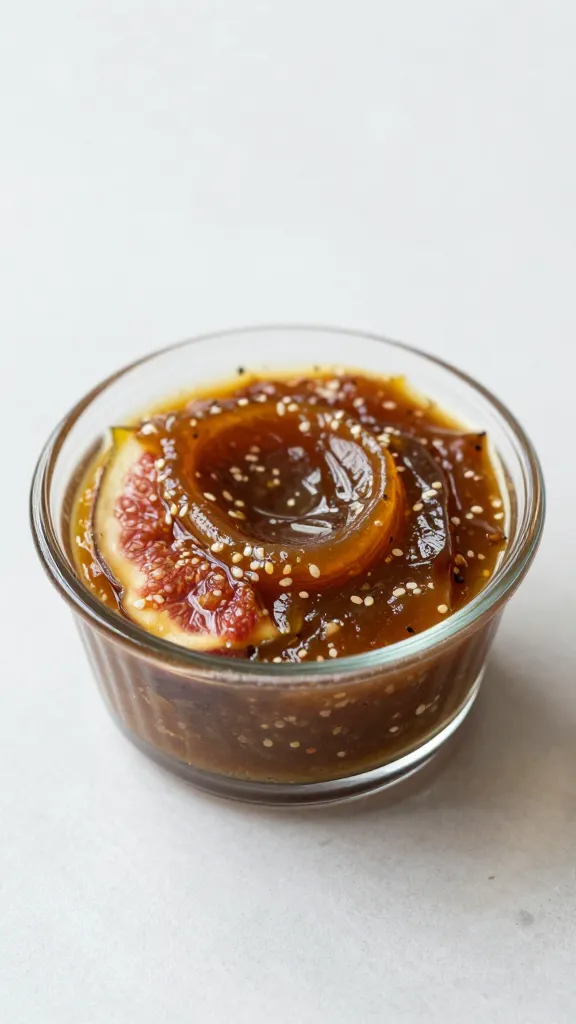fig jam smear on small glass ramekin edge