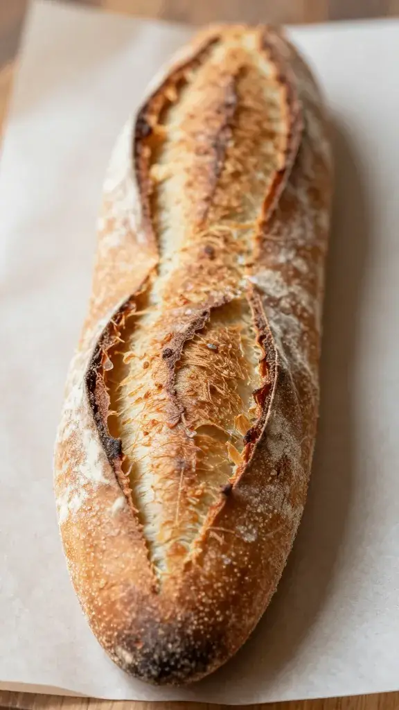 closeup of crusty baguette loaf on parchment