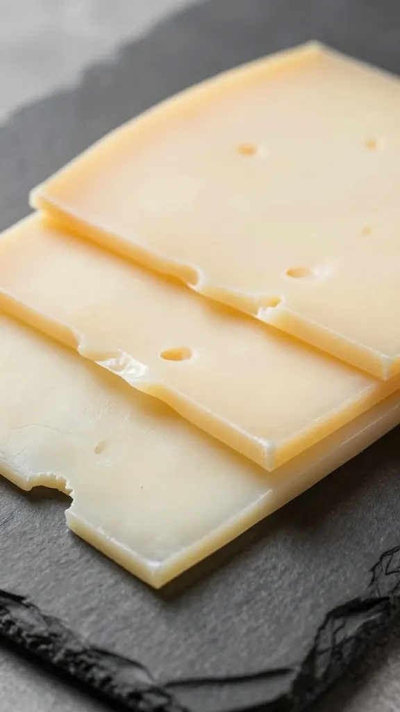 closeup of folded provolone slices on slate board