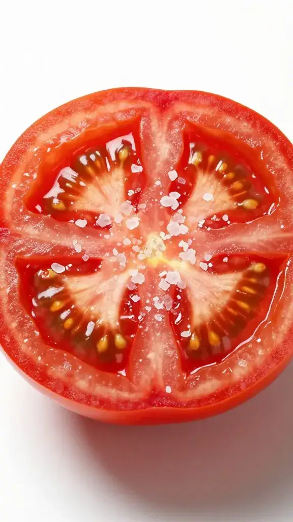 single ripe tomato slice with sea salt crystals