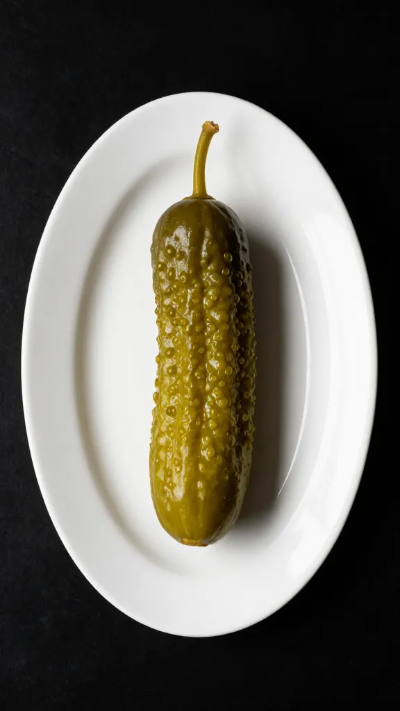 single dill pickle spear on white ceramic plate