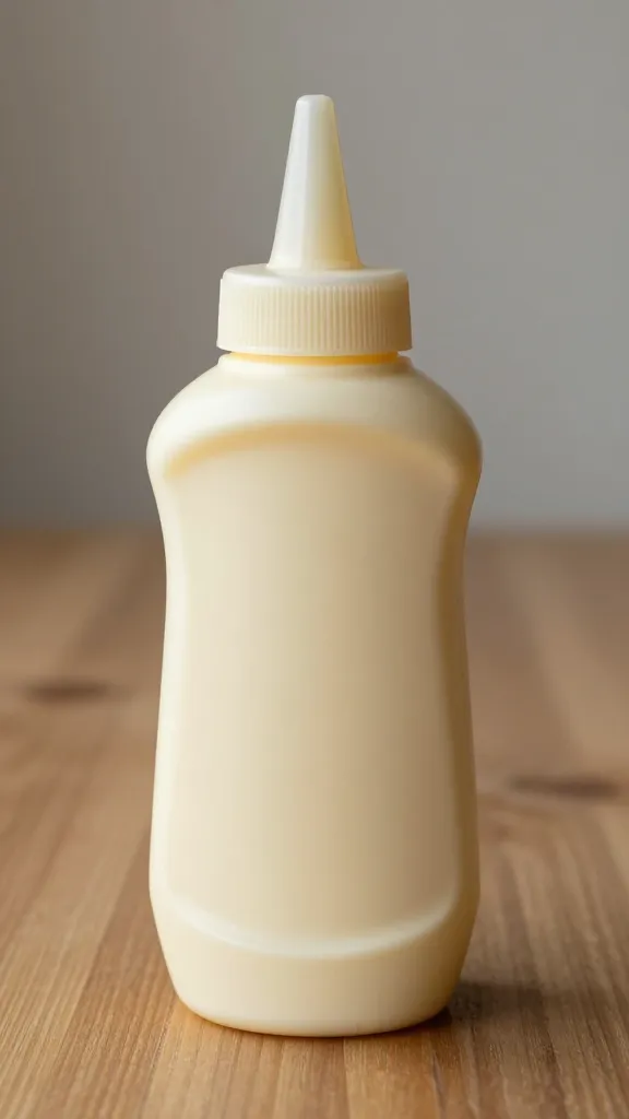single squeeze bottle of mayo on wood surface