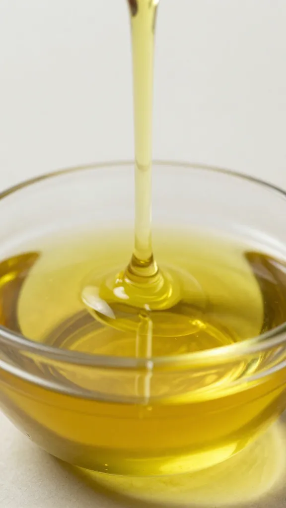 closeup of olive oil drizzle in small glass bowl