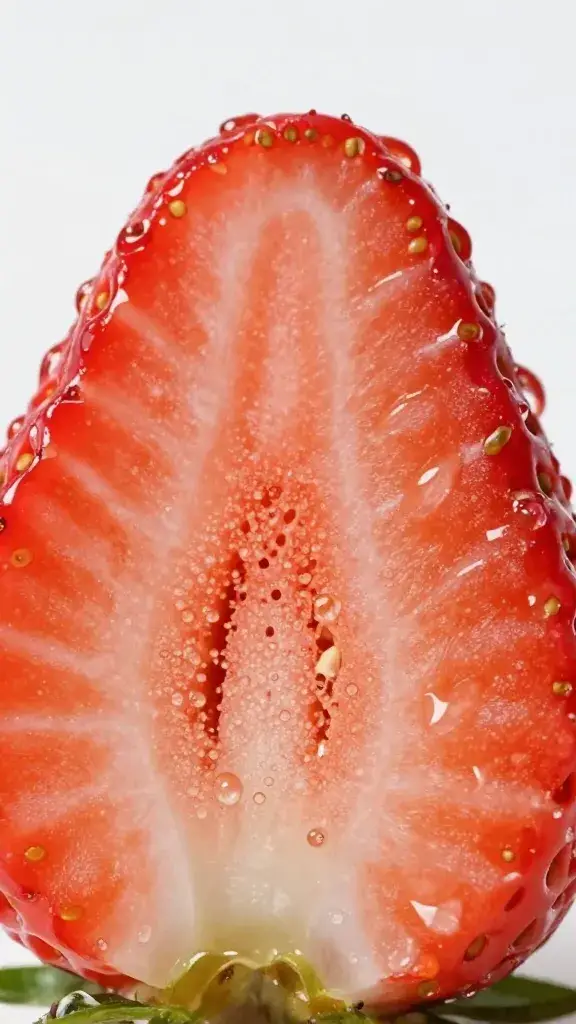 closeup of hulled halved strawberry with visible dew drops
