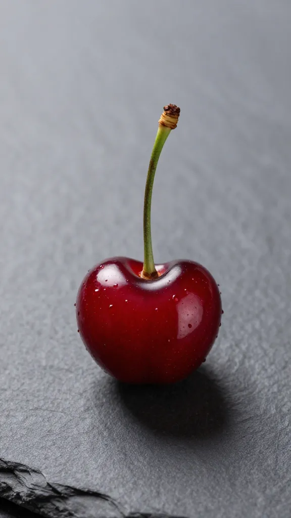 single pitted cherry on matte slate surface