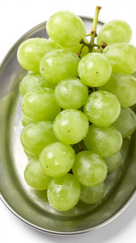 glossy green grape on chilled metal tray