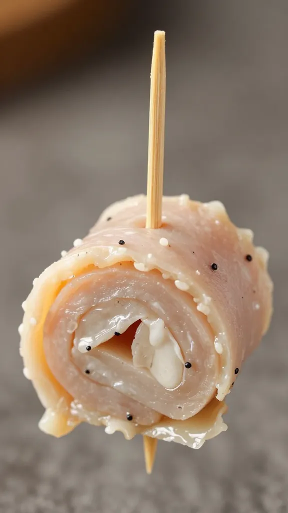 closeup of turkey roll-up secured with toothpick