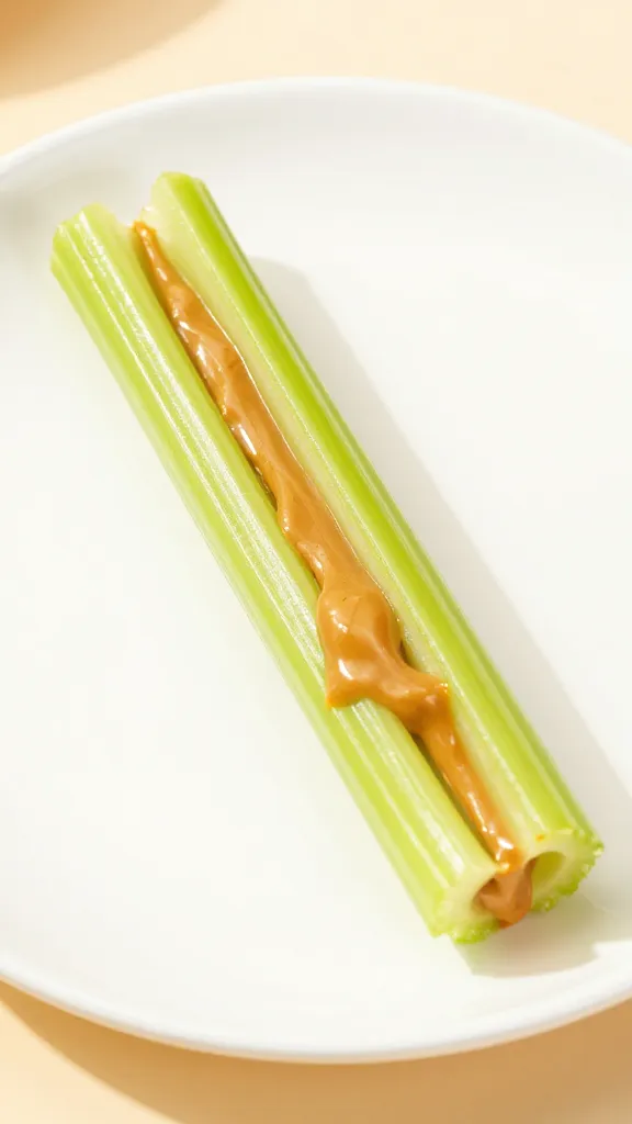 single peanut butter-filled celery stick on plate