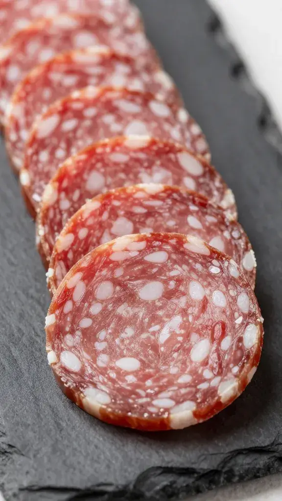 Closeup of folded Genoa salami rosette on slate board