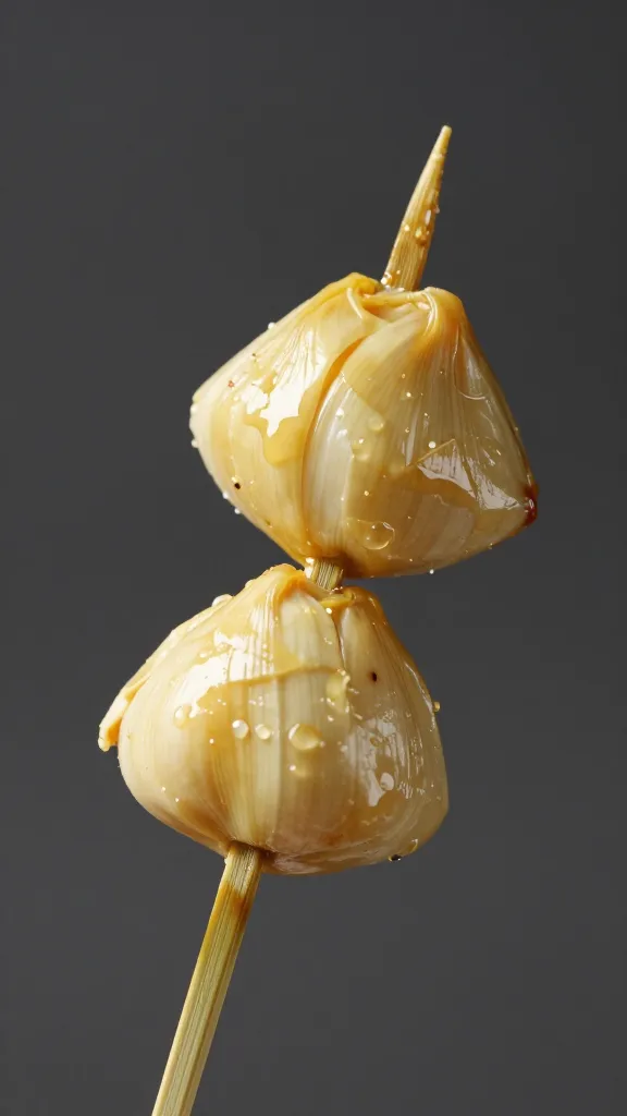 Single marinated artichoke heart on bamboo skewer