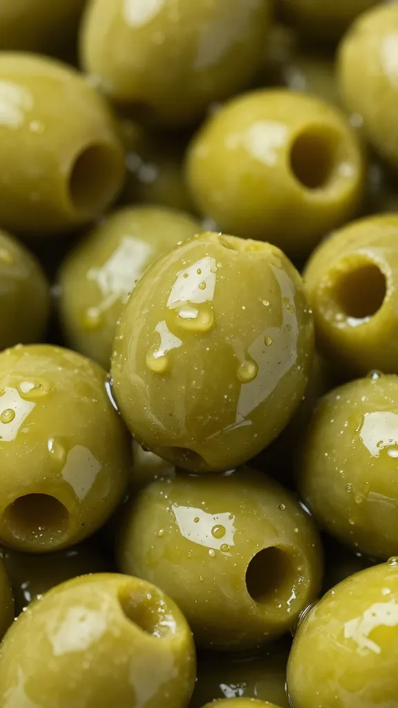 Closeup of Sicilian green olive glistening with oil