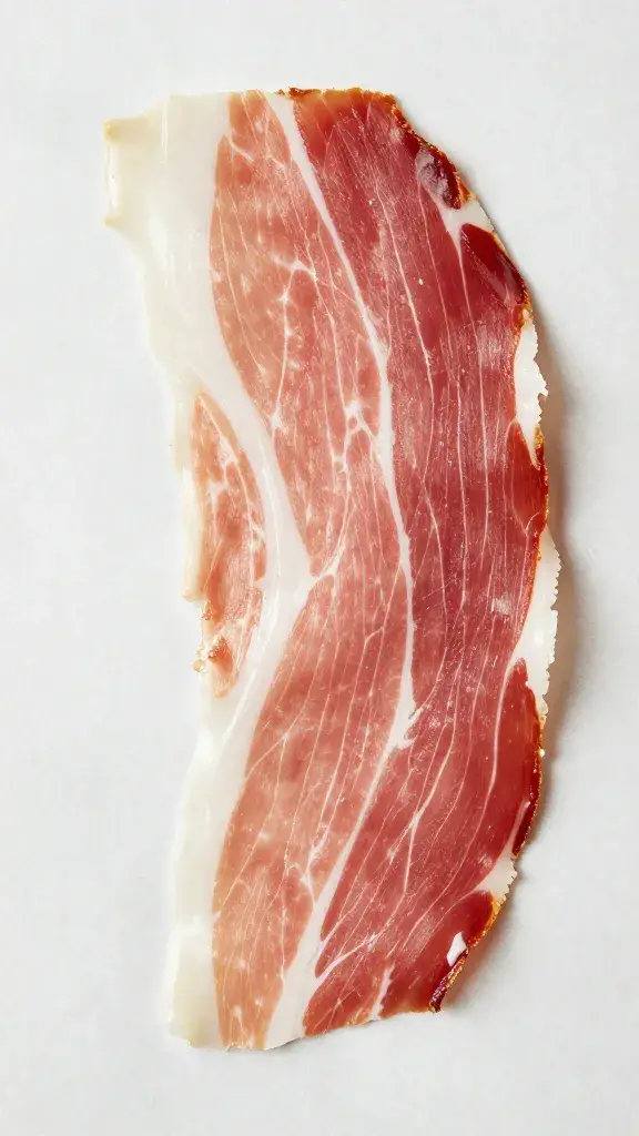 Single prosciutto slice draped on parchment