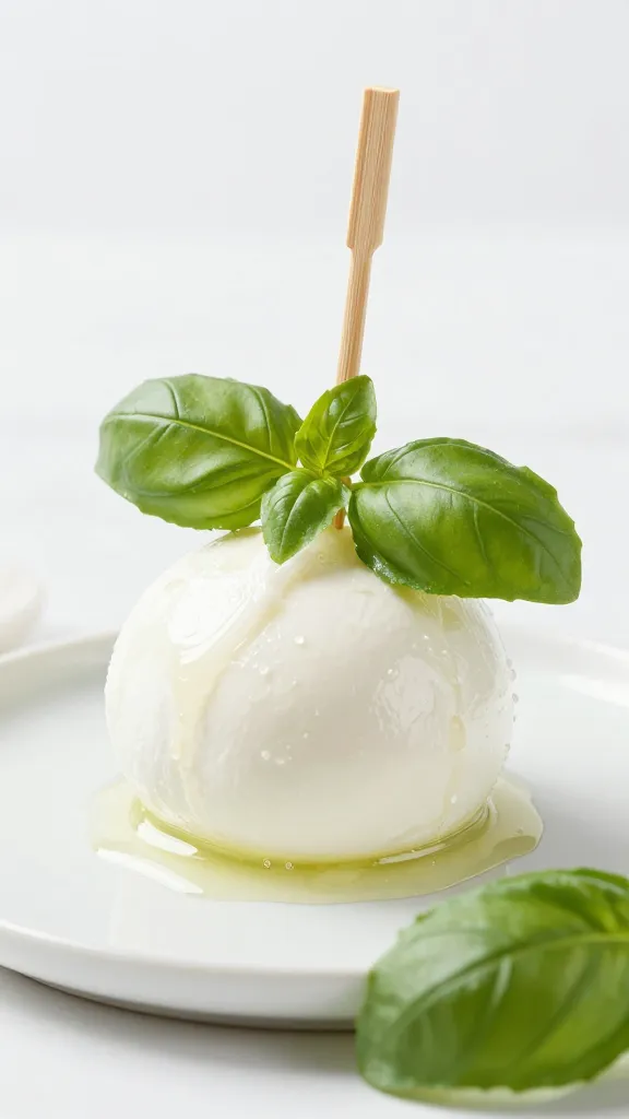 Fresh mozzarella ball with basil leaf on toothpick