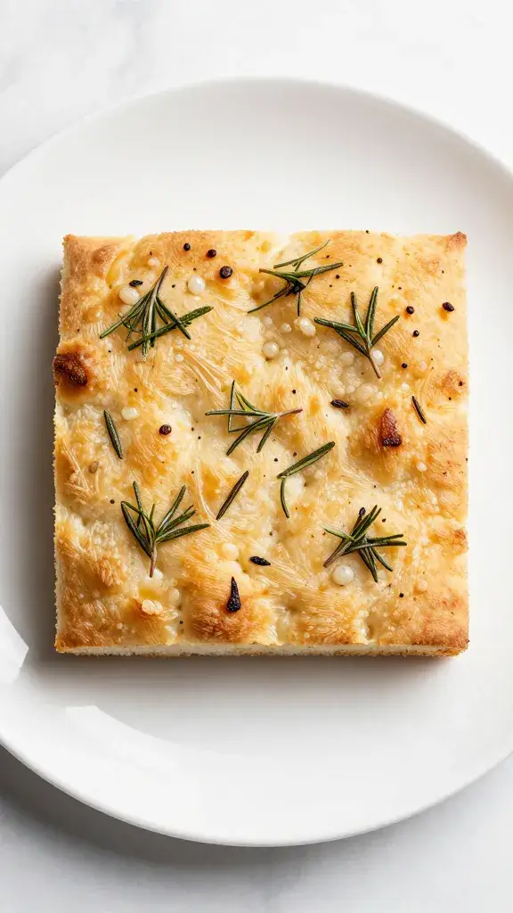 Single rosemary focaccia square on white plate