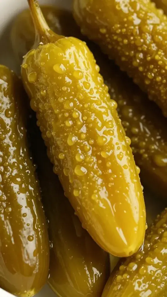 Closeup of pickled pepperoncini with visible brine droplets