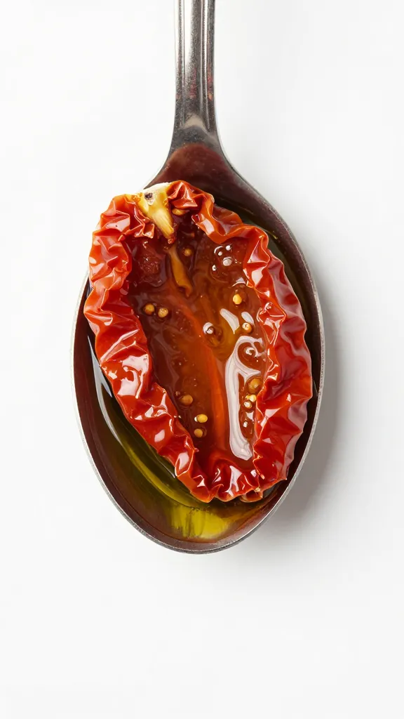 Single sun-dried tomato in olive oil on spoon