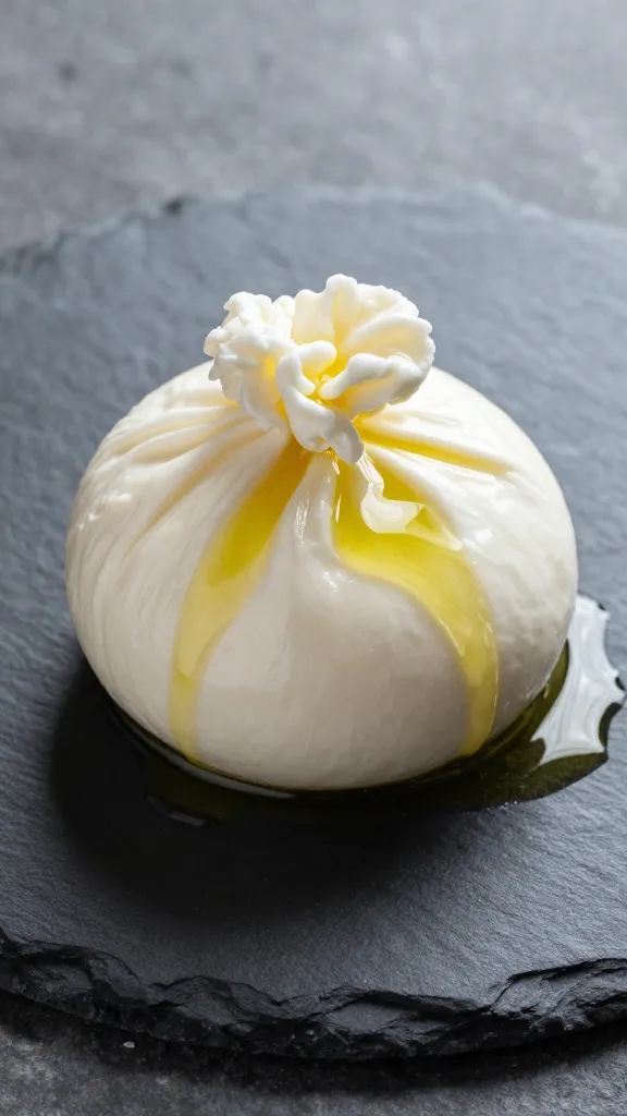 burrata ball drizzled with olive oil on slate