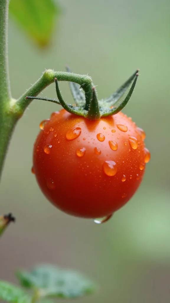 single heirloom cherry tomato with dewdrops on vine