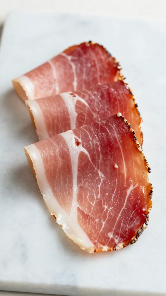 thin prosciutto slice folded on marble board