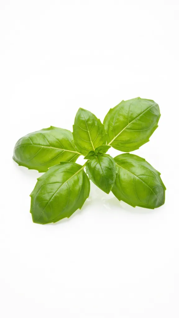 basil leaf cluster backlit on white surface