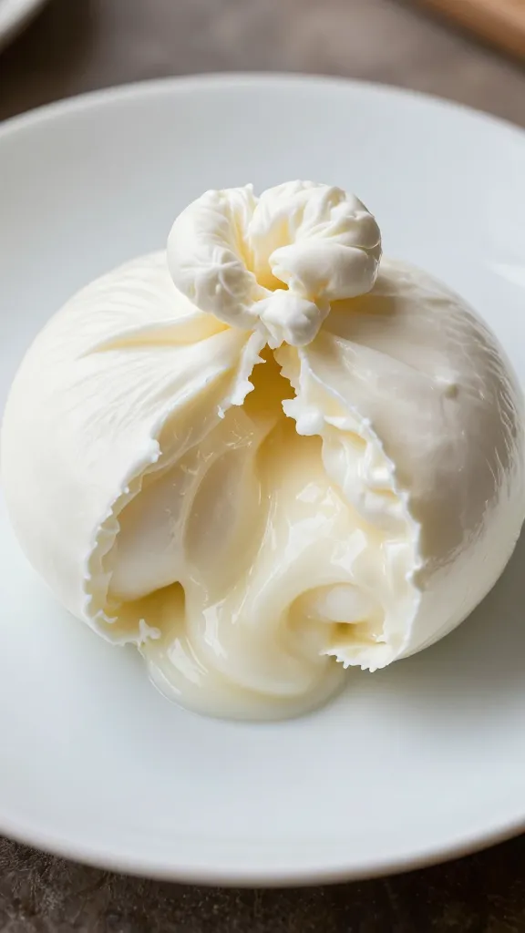 burrata cut revealing creamy center on plate