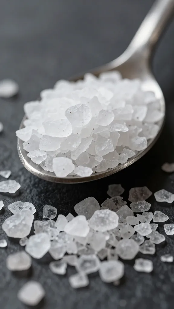 flaky sea salt pinch on dark spoon macro