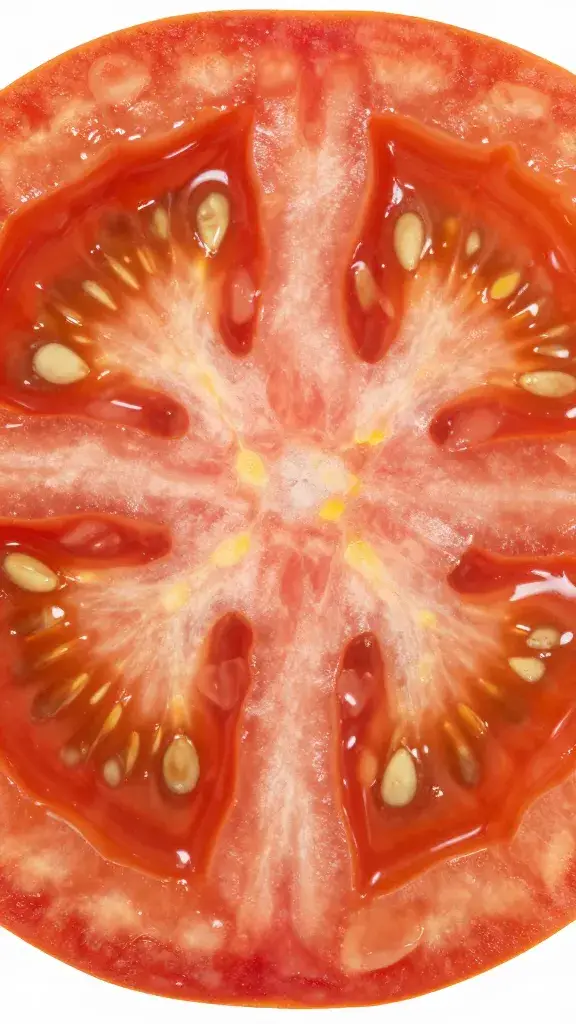 tomato slice showing seeds and gel, macro shot