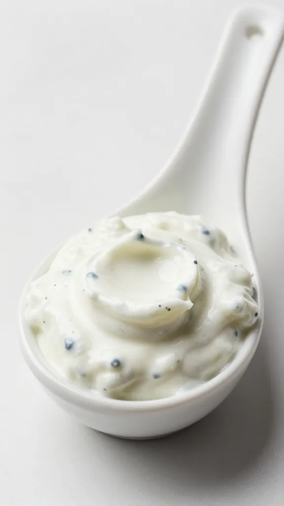 tzatziki spoonful on white ceramic spoon