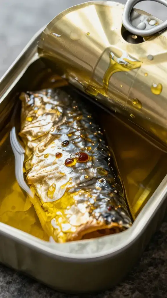 open tin of sardines in olive oil, dramatic closeup