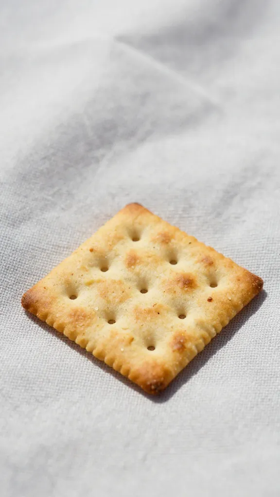 single salted cracker on rustic picnic blanket, closeup