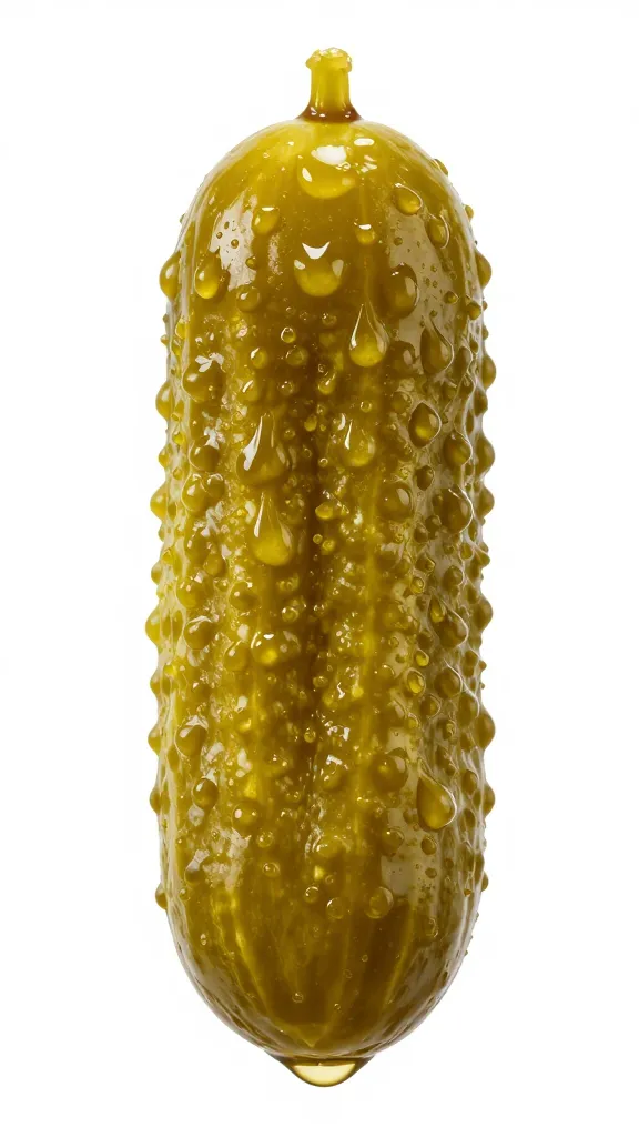 dill pickle spear with brine droplets, studio closeup