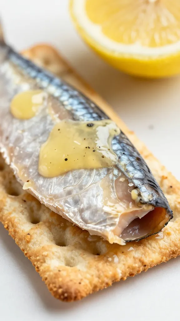 sardine fillet on cracker, squeeze of lemon, macro