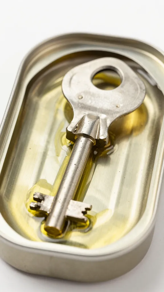 sardine tin key rolled back, glistening oil, macro