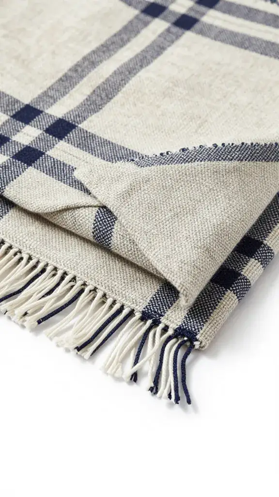 folded picnic blanket corner with woven fringe, detail shot