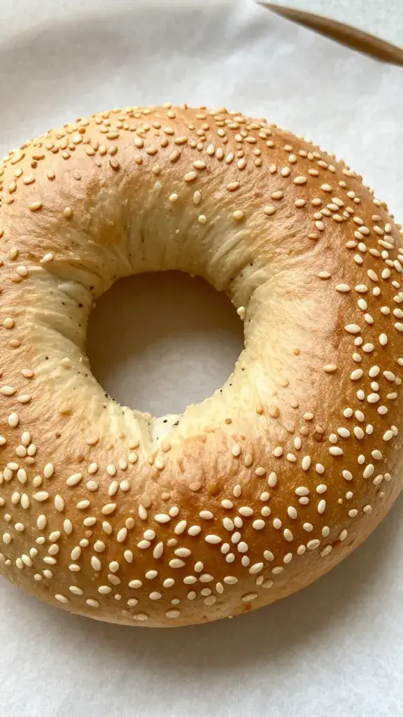 closeup of sesame bagel sliced and toasted, on parchment