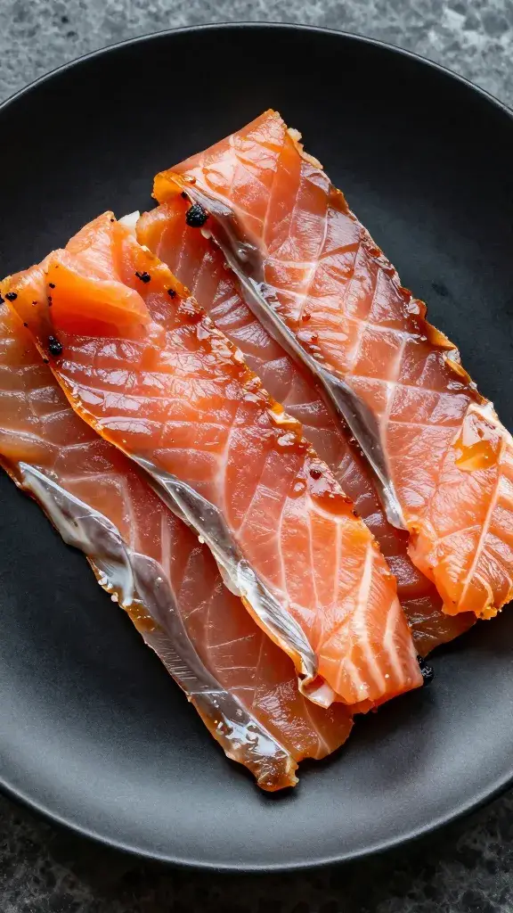 smoked salmon ribbons on matte black plate, overhead