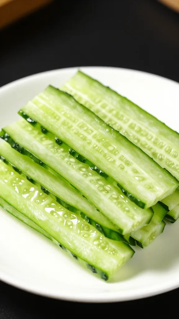 thin cucumber ribbons piled on a white saucer