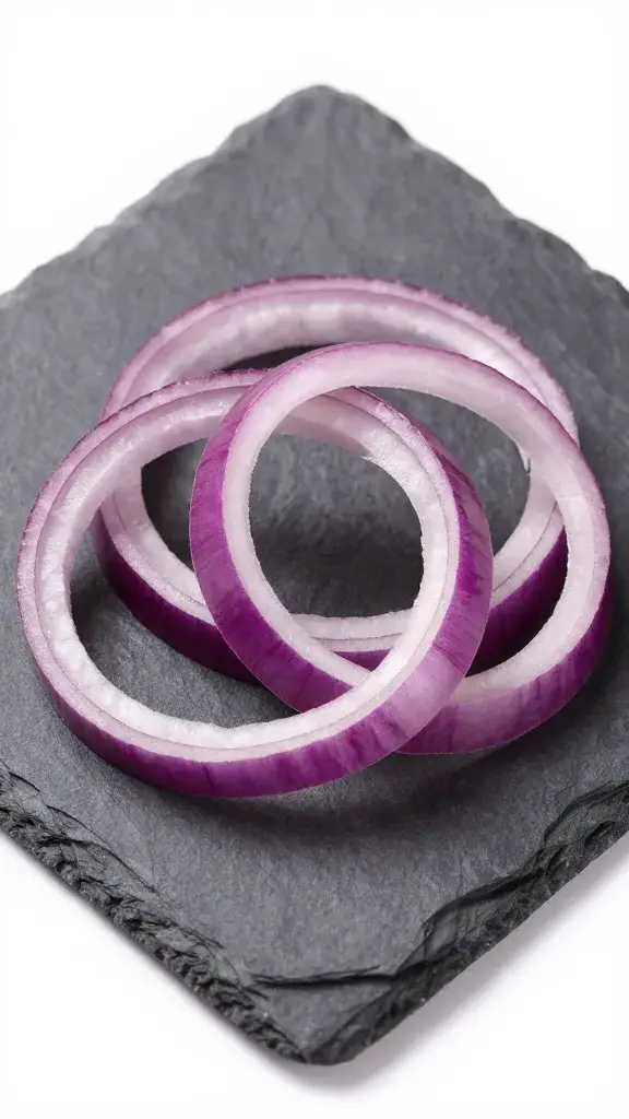 red onion rings fanned on a slate coaster