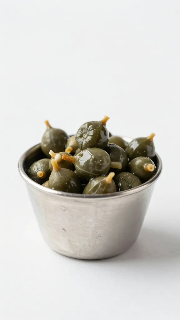 capers in a tiny stainless steel prep cup