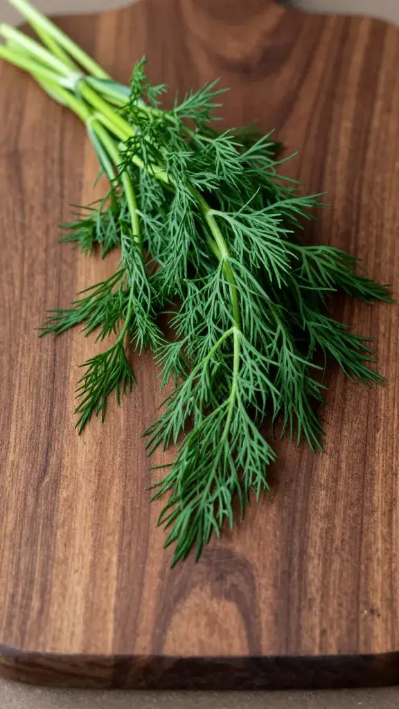 fresh dill sprigs on a dark walnut board
