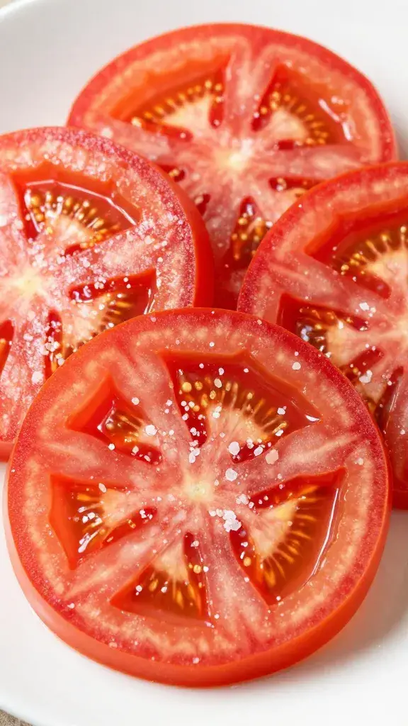 tomato slices sprinkled with flaky salt, on plate