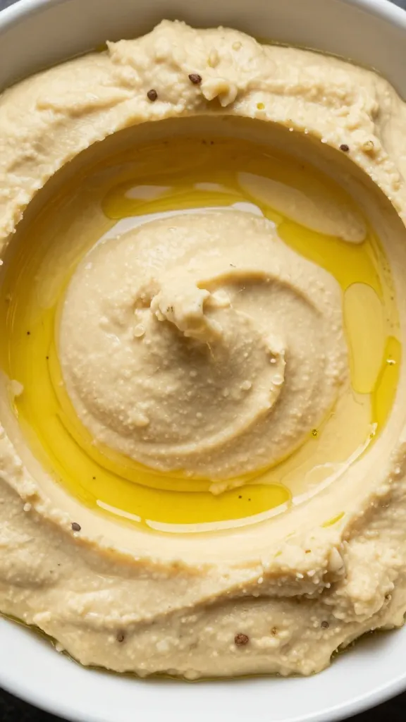closeup bowl of creamy hummus with olive oil swirl