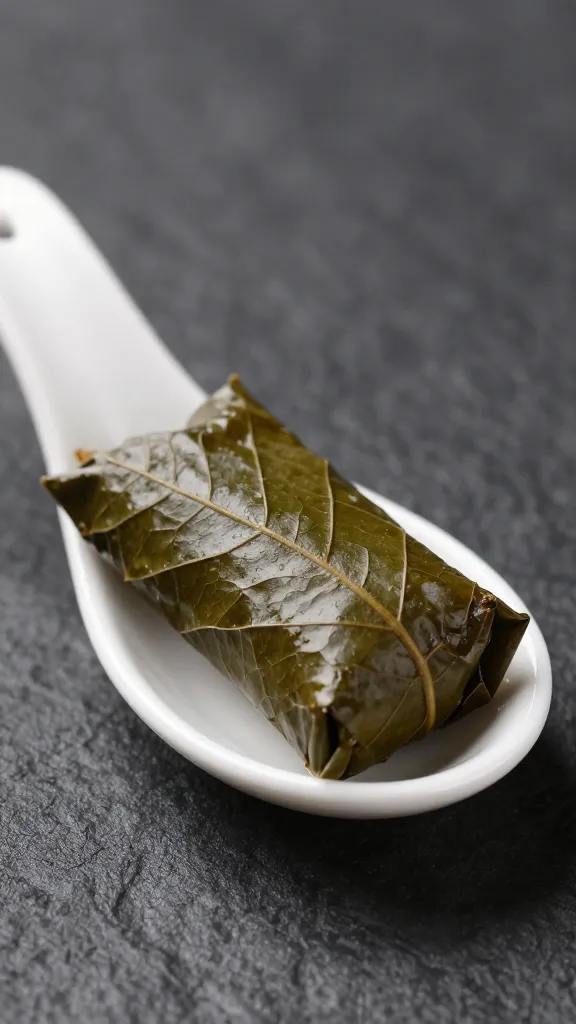 grape leaf dolma on white ceramic spoon