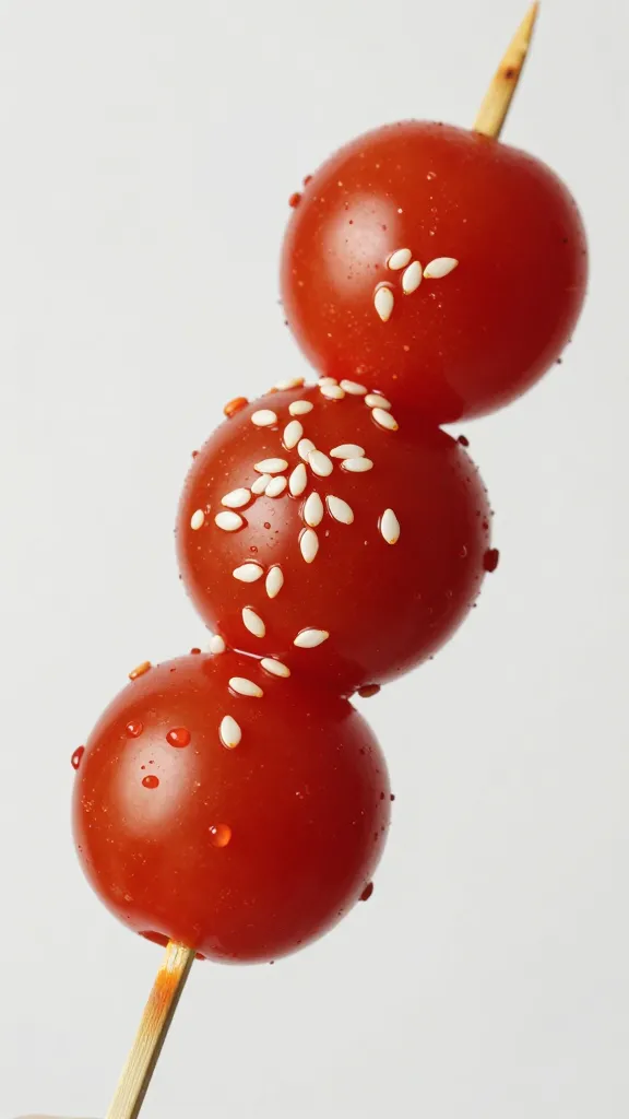 cherry tomato skewer with sesame seeds closeup