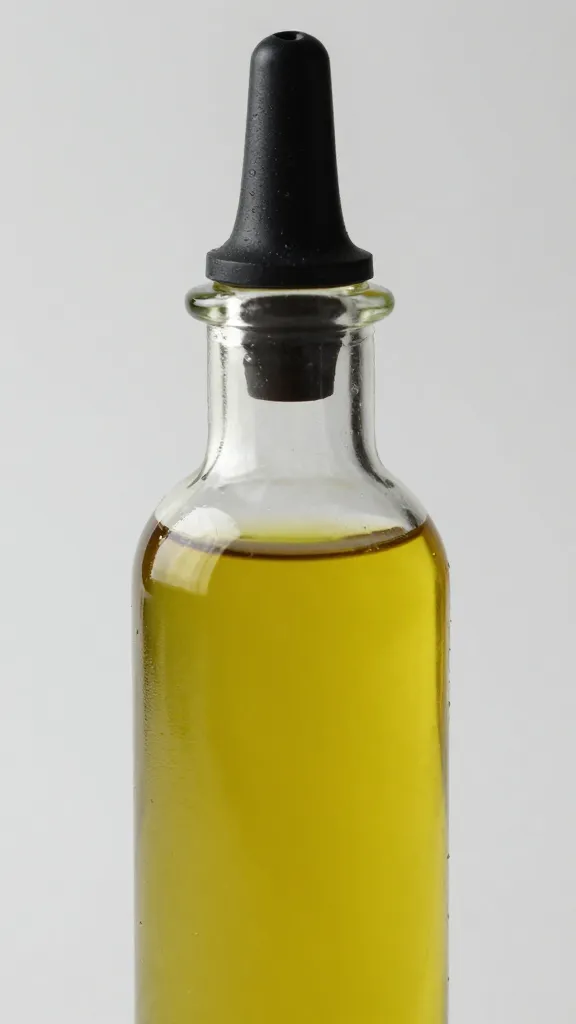 small glass bottle of extra-virgin olive oil spout closeup