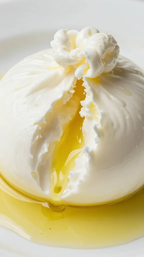 closeup of burrata ball torn open, olive oil drizzle