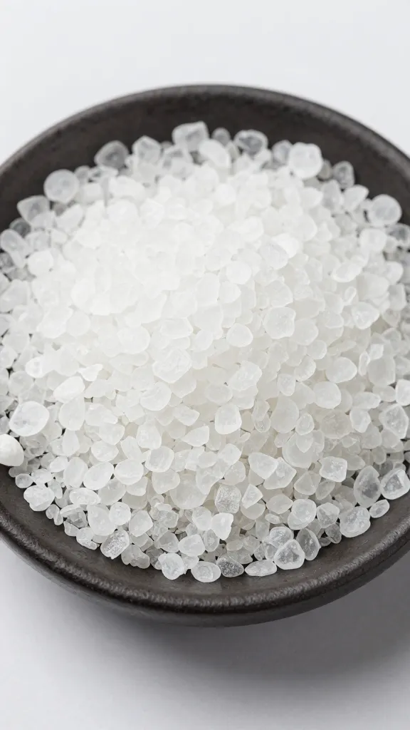 small dish of flaky sea salt crystals, overhead